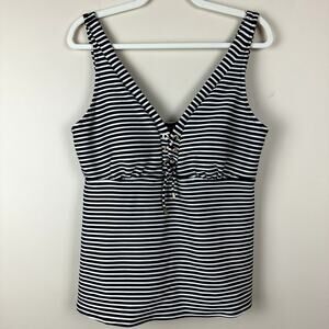 Lands’ End Tankini Swim Top Womens 18 Black White Stripe Lace Up Front Swimsuit